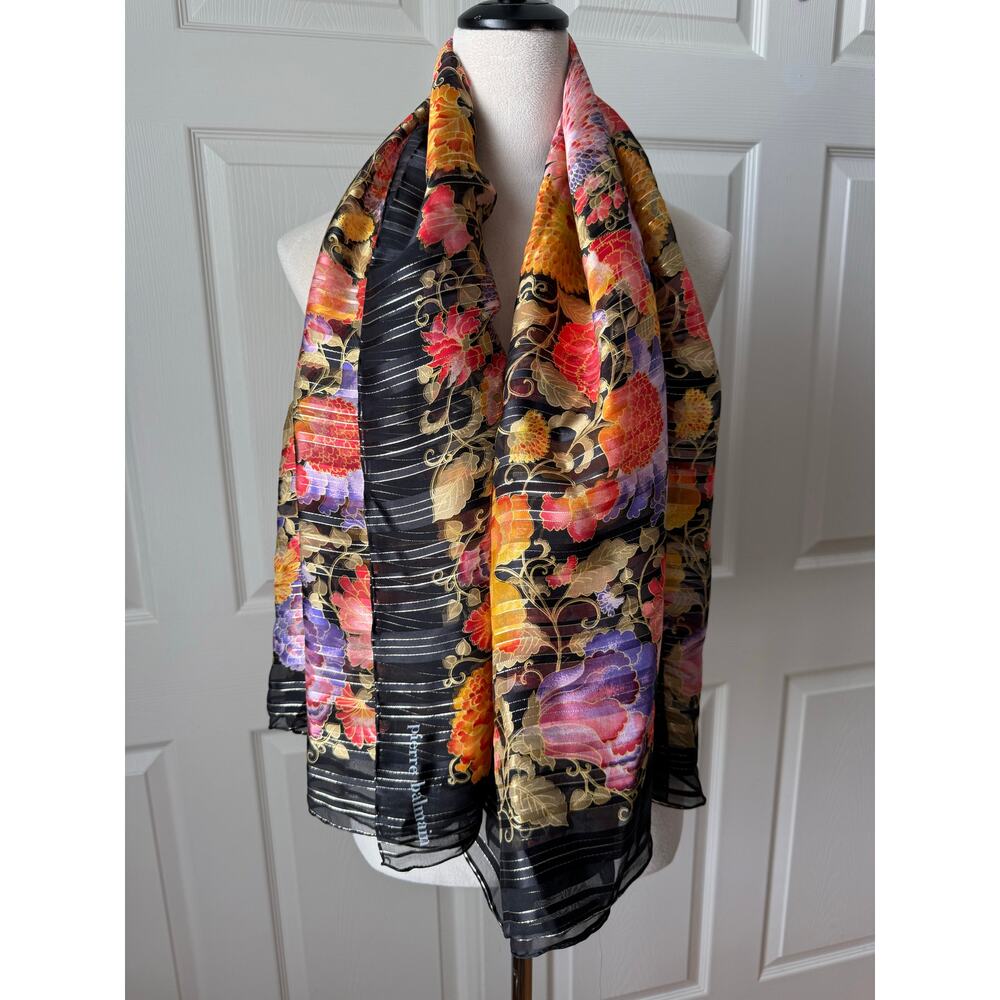 Pierre Balmain Black Floral 100% Silk Chiffon Wrap Scarf Vtg‎ Y2K Made in France